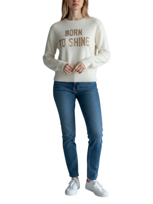 girocollo donna panna con scritta born to shine MC2 Saint Barth | NEW QUEEN ALPACA - BORN SHINE10 STRASS